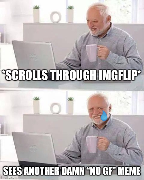 No bitches | *SCROLLS THROUGH IMGFLIP*; SEES ANOTHER DAMN “NO GF” MEME | image tagged in memes,hide the pain harold,no bitches,funny,dank memes | made w/ Imgflip meme maker