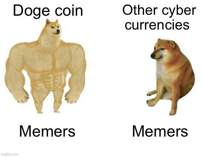 Doge coin = godly | Doge coin; Other cyber currencies; Memers; Memers | image tagged in memes,buff doge vs cheems | made w/ Imgflip meme maker