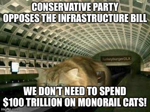 Only a Leftist could dream up this kind of spending. $10 trillion for monorail cats is the absolute highest we’ll go | CONSERVATIVE PARTY OPPOSES THE INFRASTRUCTURE BILL; WE DON’T NEED TO SPEND $100 TRILLION ON MONORAIL CATS! | image tagged in 10,trillion,for,monorail,cats,conservative party | made w/ Imgflip meme maker