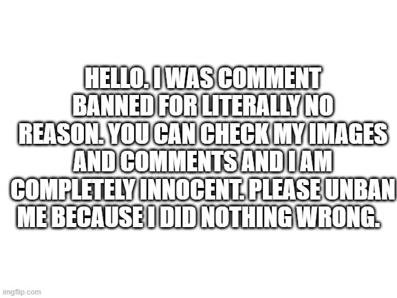 I did nothing wrong. I did not violate the TOS. |  HELLO. I WAS COMMENT BANNED FOR LITERALLY NO REASON. YOU CAN CHECK MY IMAGES AND COMMENTS AND I AM COMPLETELY INNOCENT. PLEASE UNBAN ME BECAUSE I DID NOTHING WRONG. | image tagged in blank white template | made w/ Imgflip meme maker
