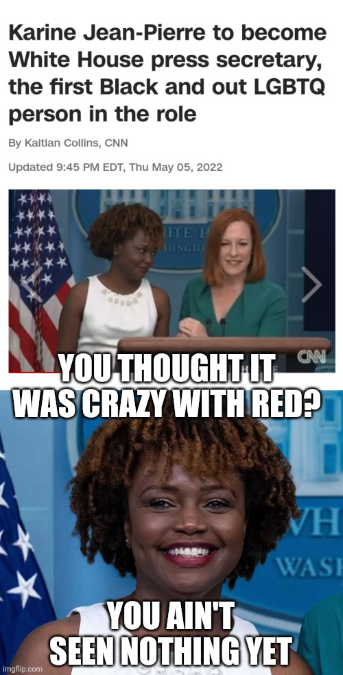 IT'S ABOUT TO GO TO ANOTHER LEVEL OF CRAZY | YOU THOUGHT IT WAS CRAZY WITH RED? YOU AIN'T SEEN NOTHING YET | image tagged in memes,white house,press secretary,politics,democrats | made w/ Imgflip meme maker