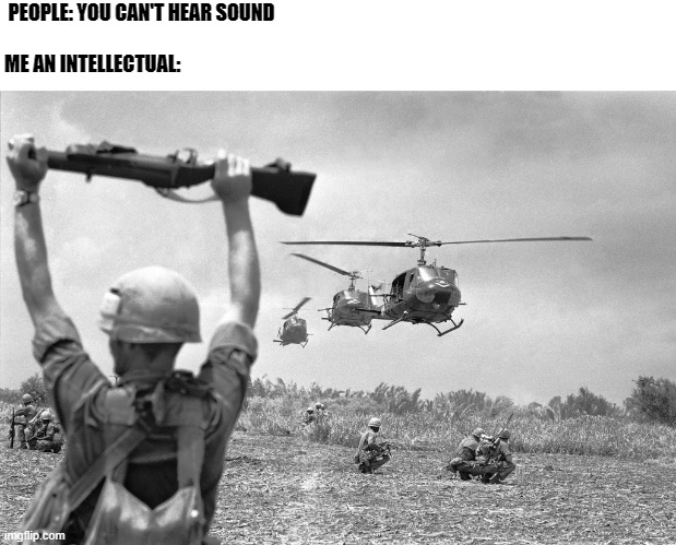 I want to to better in making memes like this, please leave any formatting tips in the comments | PEOPLE: YOU CAN'T HEAR SOUND
 






ME AN INTELLECTUAL: | image tagged in vietnam war meme | made w/ Imgflip meme maker