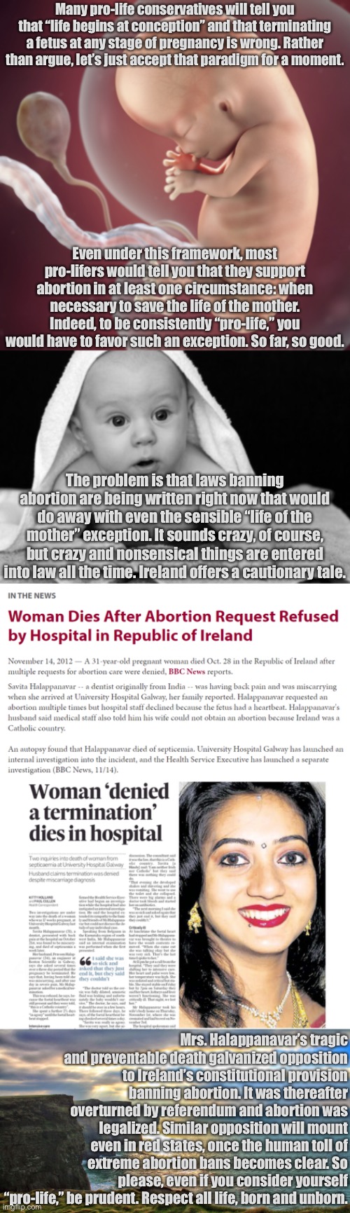 Engaging with the “pro-life” argument on its own terms. | Many pro-life conservatives will tell you that “life begins at conception” and that terminating a fetus at any stage of pregnancy is wrong. Rather than argue, let’s just accept that paradigm for a moment. Even under this framework, most pro-lifers would tell you that they support abortion in at least one circumstance: when necessary to save the life of the mother. Indeed, to be consistently “pro-life,” you would have to favor such an exception. So far, so good. The problem is that laws banning abortion are being written right now that would do away with even the sensible “life of the mother” exception. It sounds crazy, of course, but crazy and nonsensical things are entered into law all the time. Ireland offers a cautionary tale. Mrs. Halappanavar’s tragic and preventable death galvanized opposition to Ireland’s constitutional provision banning abortion. It was thereafter overturned by referendum and abortion was legalized. Similar opposition will mount even in red states, once the human toll of extreme abortion bans becomes clear. So please, even if you consider yourself “pro-life,” be prudent. Respect all life, born and unborn. | image tagged in 10 week fetus,ireland woman dies after abortion request denied,politics,abortion,pro-life,pro-choice | made w/ Imgflip meme maker