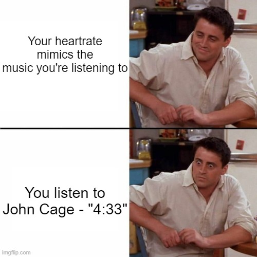 waitWAITWAITWAIT WHAT- |  Your heartrate
mimics the
music you're listening to; You listen to
John Cage - "4:33" | image tagged in f r i e n d s | made w/ Imgflip meme maker