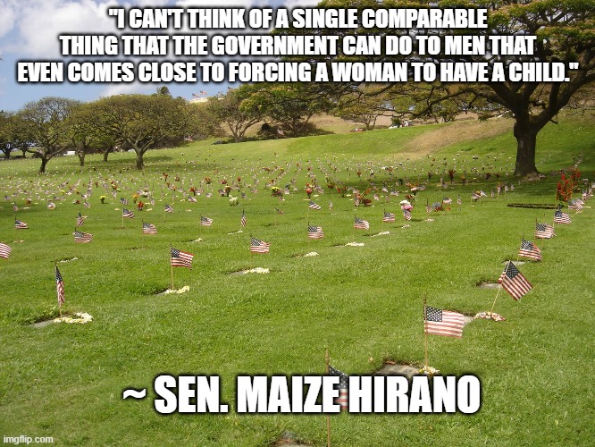 I believe her first three words... | "I CAN'T THINK OF A SINGLE COMPARABLE THING THAT THE GOVERNMENT CAN DO TO MEN THAT EVEN COMES CLOSE TO FORCING A WOMAN TO HAVE A CHILD."; ~ SEN. MAIZE HIRANO | made w/ Imgflip meme maker