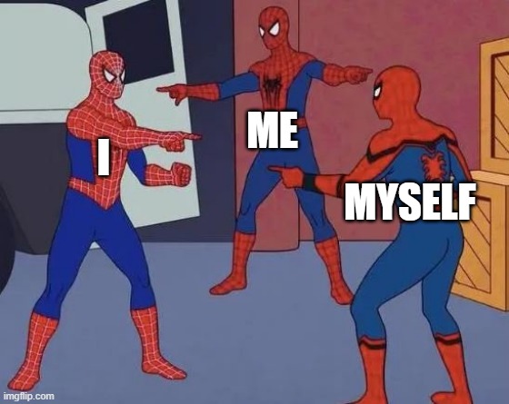 Meiself | ME; I; MYSELF | image tagged in 3 spiderman pointing | made w/ Imgflip meme maker