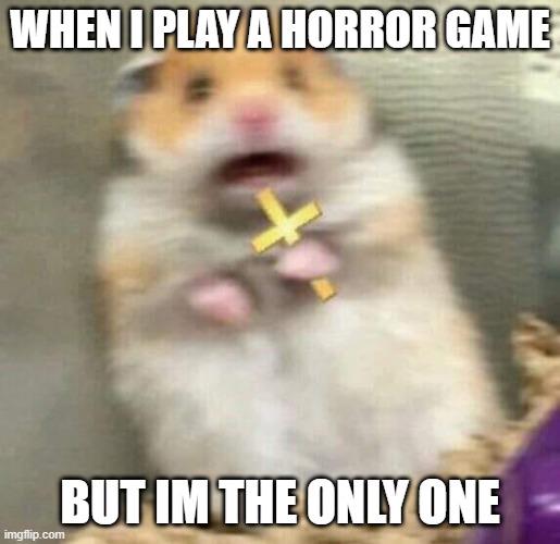 Scared Hamster with Cross | WHEN I PLAY A HORROR GAME; BUT IM THE ONLY ONE | image tagged in scared hamster with cross | made w/ Imgflip meme maker