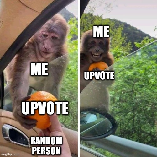 Not begging | ME; UPVOTE; ME; UPVOTE; RANDOM PERSON | image tagged in monkey getting an orange | made w/ Imgflip meme maker