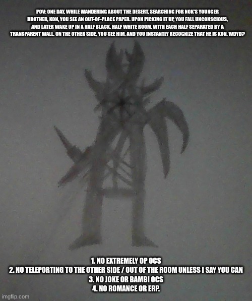 POV: ONE DAY, WHILE WANDERING ABOUT THE DESERT, SEARCHING FOR NOK'S YOUNGER BROTHER, KON, YOU SEE AN OUT-OF-PLACE PAPER. UPON PICKING IT UP, YOU FALL UNCONSCIOUS, AND LATER WAKE UP IN A HALF BLACK, HALF WHITE ROOM, WITH EACH HALF SEPARATED BY A TRANSPARENT WALL. ON THE OTHER SIDE, YOU SEE HIM, AND YOU INSTANTLY RECOGNIZE THAT HE IS KON. WDYD? 1. NO EXTREMELY OP OCS
2. NO TELEPORTING TO THE OTHER SIDE / OUT OF THE ROOM UNLESS I SAY YOU CAN
3. NO JOKE OR BAMBI OCS
4. NO ROMANCE OR ERP. | made w/ Imgflip meme maker