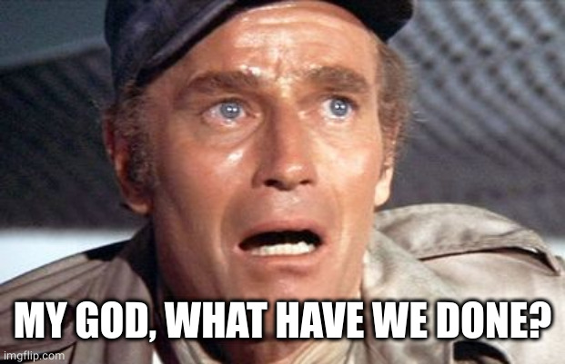 soylent green | MY GOD, WHAT HAVE WE DONE? | image tagged in soylent green | made w/ Imgflip meme maker