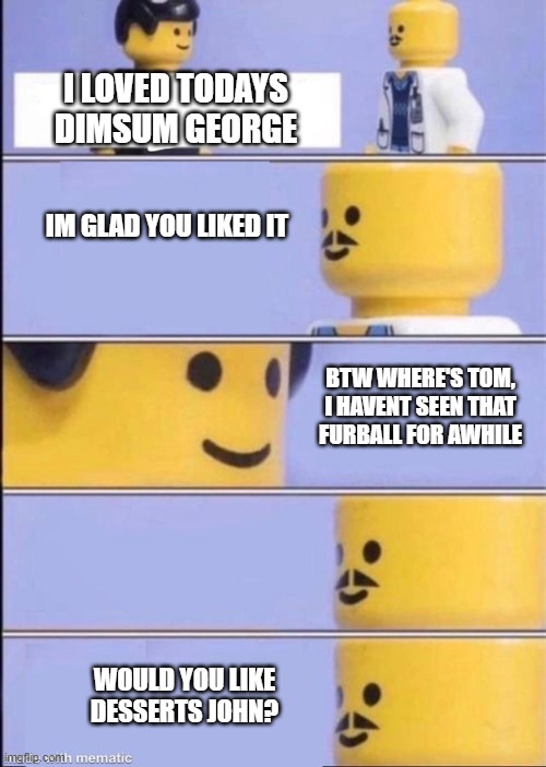 Lego doctor higher quality | I LOVED TODAYS DIMSUM GEORGE; IM GLAD YOU LIKED IT; BTW WHERE'S TOM, I HAVENT SEEN THAT FURBALL FOR AWHILE; WOULD YOU LIKE DESSERTS JOHN? | image tagged in lego doctor higher quality | made w/ Imgflip meme maker