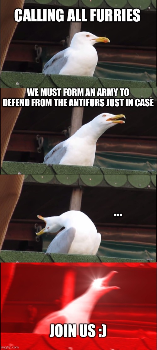 Inhaling Seagull | CALLING ALL FURRIES; WE MUST FORM AN ARMY TO DEFEND FROM THE ANTIFURS JUST IN CASE; …; JOIN US :) | image tagged in memes,inhaling seagull | made w/ Imgflip meme maker