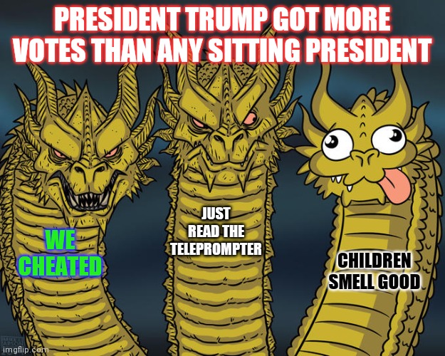 Whigs, Democrats, Progressives, Liberals, Communists, it's all the same | PRESIDENT TRUMP GOT MORE VOTES THAN ANY SITTING PRESIDENT; JUST READ THE TELEPROMPTER; WE CHEATED; CHILDREN SMELL GOOD | image tagged in three-headed dragon,always has been,cheaters,dead people voting,bag of ballots,look over there | made w/ Imgflip meme maker