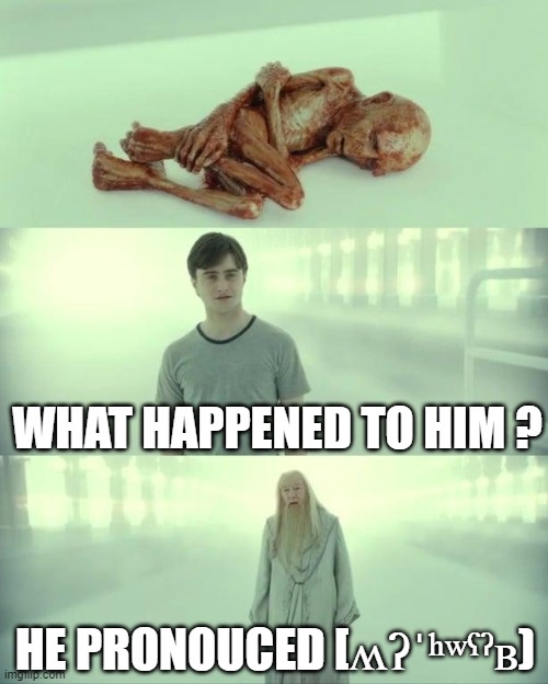 Dead Baby Voldemort / What Happened To Him | WHAT HAPPENED TO HIM ? HE PRONOUCED [ʍʔˈʰʷˤˀʙ) | image tagged in dead baby voldemort / what happened to him | made w/ Imgflip meme maker