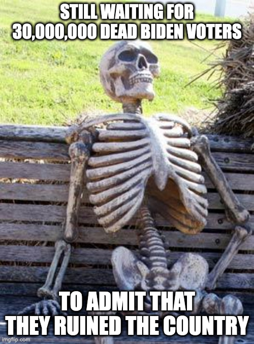 The Most Popular Candidate Ever Has a 32% Approval Rating | STILL WAITING FOR 30,000,000 DEAD BIDEN VOTERS; TO ADMIT THAT THEY RUINED THE COUNTRY | image tagged in memes,waiting skeleton | made w/ Imgflip meme maker