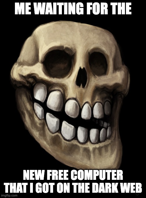 Wonder when it is coming... | ME WAITING FOR THE; NEW FREE COMPUTER THAT I GOT ON THE DARK WEB | image tagged in memes,funny,waiting skeleton,troll face,skull,dead | made w/ Imgflip meme maker