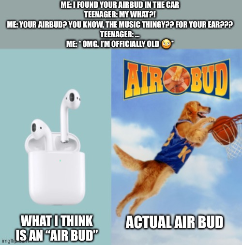 ME: I FOUND YOUR AIRBUD IN THE CAR
TEENAGER: MY WHAT?!
ME: YOUR AIRBUD? YOU KNOW, THE MUSIC THINGY?? FOR YOUR EAR???
TEENAGER: …
ME: * OMG. I’M OFFICIALLY OLD 😳*; WHAT I THINK IS AN “AIR BUD”; ACTUAL AIR BUD | image tagged in funny | made w/ Imgflip meme maker