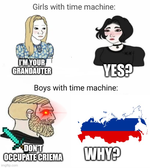 Ukraine 2014 |  I'M YOUR GRANDAUTER; YES? WHY? DON'T OCCUPATE CRIEMA | image tagged in time machine | made w/ Imgflip meme maker