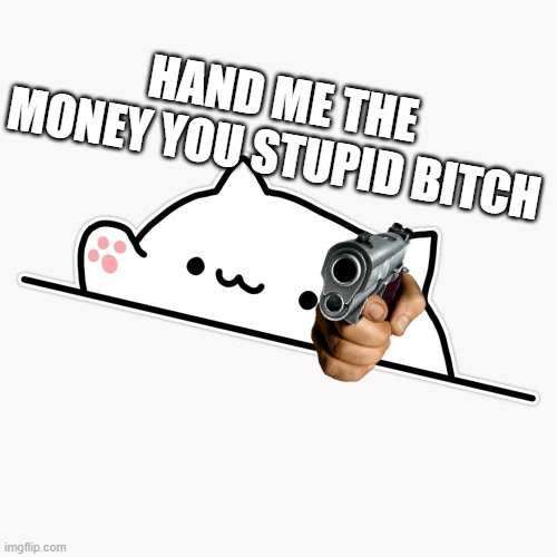 bongo cat with a gun | HAND ME THE MONEY YOU STUPID BITCH | image tagged in bongo cat,gun,greedy cat | made w/ Imgflip meme maker