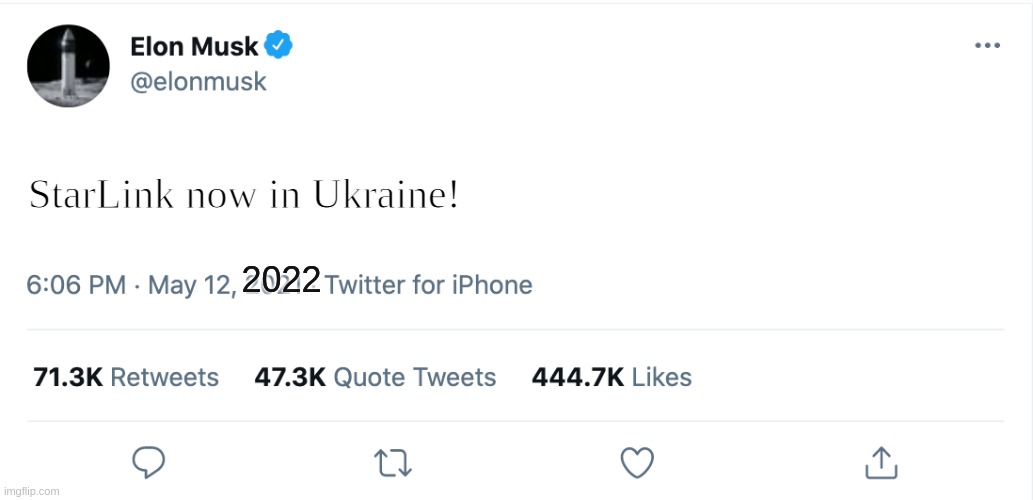 Elon Musk Blank Tweet |  StarLink now in Ukraine! 2022 | image tagged in elon musk blank tweet | made w/ Imgflip meme maker