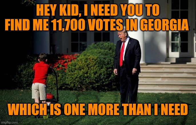 Find mine | HEY KID, I NEED YOU TO FIND ME 11,700 VOTES IN GEORGIA; WHICH IS ONE MORE THAN I NEED | image tagged in trump lawn mower | made w/ Imgflip meme maker