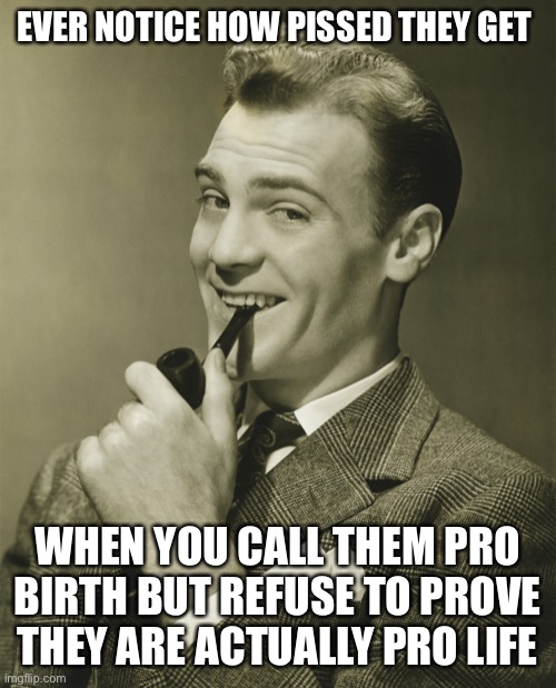 Smug | EVER NOTICE HOW PISSED THEY GET WHEN YOU CALL THEM PRO BIRTH BUT REFUSE TO PROVE THEY ARE ACTUALLY PRO LIFE | image tagged in smug | made w/ Imgflip meme maker