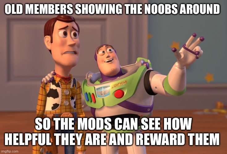 X, X Everywhere Meme | OLD MEMBERS SHOWING THE NOOBS AROUND; SO THE MODS CAN SEE HOW HELPFUL THEY ARE AND REWARD THEM | image tagged in memes,x x everywhere | made w/ Imgflip meme maker