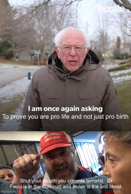 Deflection city | To prove you are pro life and not just pro birth; Shut your mouth you commie terrorist.  Dr Fauci is in the Illuminati and Biden is the anti christ. | image tagged in memes,bernie i am once again asking for your support,angry trumper | made w/ Imgflip meme maker