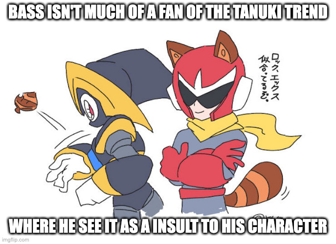 Bass and Tanuki Proto Man | BASS ISN'T MUCH OF A FAN OF THE TANUKI TREND; WHERE HE SEE IT AS A INSULT TO HIS CHARACTER | image tagged in bass,protoman,megaman,memes | made w/ Imgflip meme maker