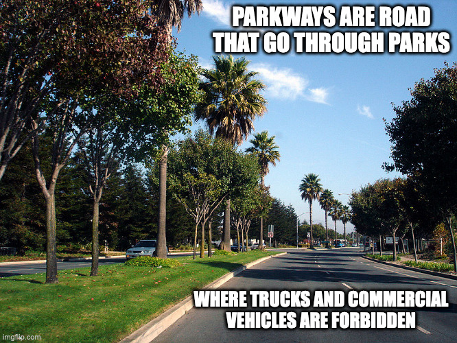 Parkway | PARKWAYS ARE ROAD THAT GO THROUGH PARKS; WHERE TRUCKS AND COMMERCIAL VEHICLES ARE FORBIDDEN | image tagged in road,memes | made w/ Imgflip meme maker