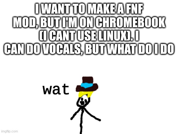 o no | I WANT TO MAKE A FNF MOD, BUT I'M ON CHROMEBOOK (I CANT USE LINUX). I CAN DO VOCALS, BUT WHAT DO I DO | image tagged in wat | made w/ Imgflip meme maker