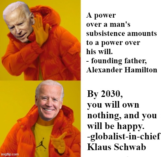 Americanism vs Globalism | A power over a man's subsistence amounts to a power over his will.
- founding father, Alexander Hamilton; By 2030, you will own nothing, and you will be happy.
-globalist-in-chief Klaus Schwab | image tagged in biden hotline bling | made w/ Imgflip meme maker