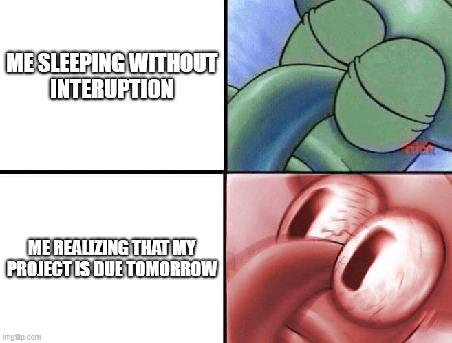 as always | ME SLEEPING WITHOUT
INTERUPTION; ME REALIZING THAT MY PROJECT IS DUE TOMORROW | image tagged in squidward awakening | made w/ Imgflip meme maker