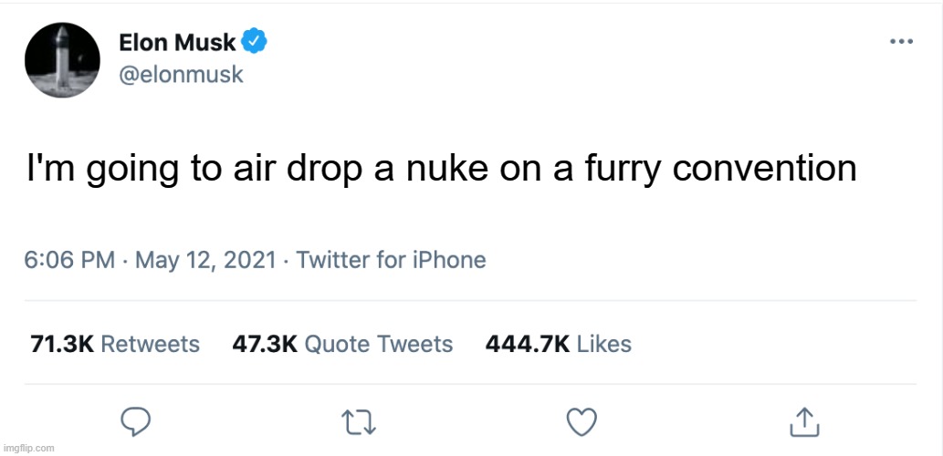 he will | I'm going to air drop a nuke on a furry convention | image tagged in elon musk blank tweet | made w/ Imgflip meme maker