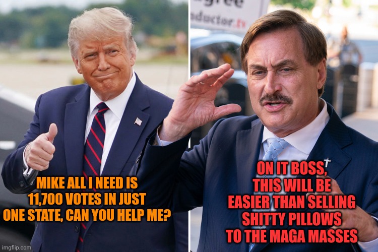 Trump and Mike Lindell, Pillow Guy, together have half a brain | ON IT BOSS, THIS WILL BE EASIER THAN SELLING SHITTY PILLOWS TO THE MAGA MASSES; MIKE ALL I NEED IS 11,700 VOTES IN JUST ONE STATE, CAN YOU HELP ME? | image tagged in trump and mike lindell pillow guy together have half a brain | made w/ Imgflip meme maker