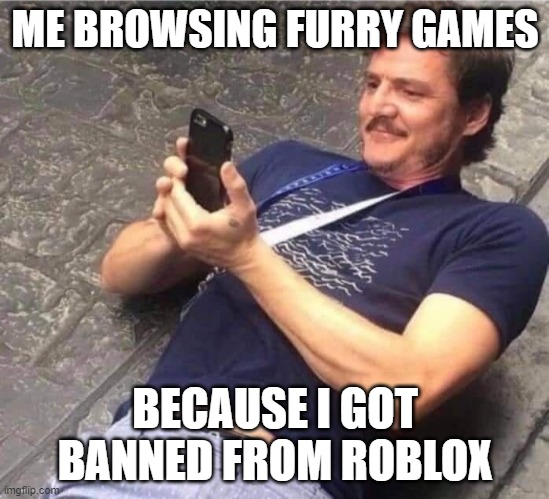 Guy looking on phone | ME BROWSING FURRY GAMES; BECAUSE I GOT BANNED FROM ROBLOX | image tagged in guy looking on phone | made w/ Imgflip meme maker