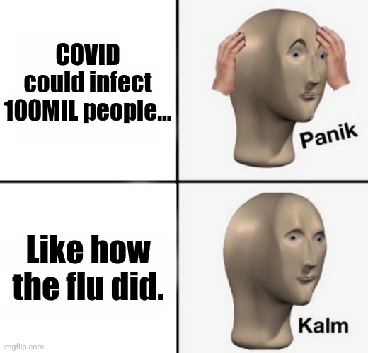 hm.... | COVID could infect 100MIL people... Like how the flu did. | image tagged in panik kalm,coronavirus,covid-19,flu,usa,wtf | made w/ Imgflip meme maker