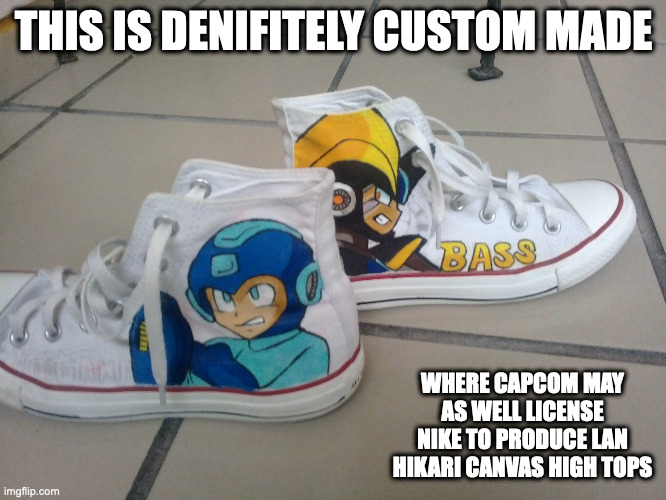 Mega Man Custom Canvas High-Tops | THIS IS DENIFITELY CUSTOM MADE; WHERE CAPCOM MAY AS WELL LICENSE NIKE TO PRODUCE LAN HIKARI CANVAS HIGH TOPS | image tagged in shoes,megaman,memes | made w/ Imgflip meme maker