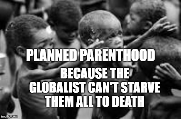 Starving Africans  | BECAUSE THE GLOBALIST CAN'T STARVE THEM ALL TO DEATH; PLANNED PARENTHOOD | image tagged in starving africans | made w/ Imgflip meme maker