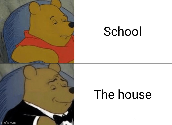 Tuxedo Winnie The Pooh Meme | School; The house | image tagged in memes,tuxedo winnie the pooh | made w/ Imgflip meme maker