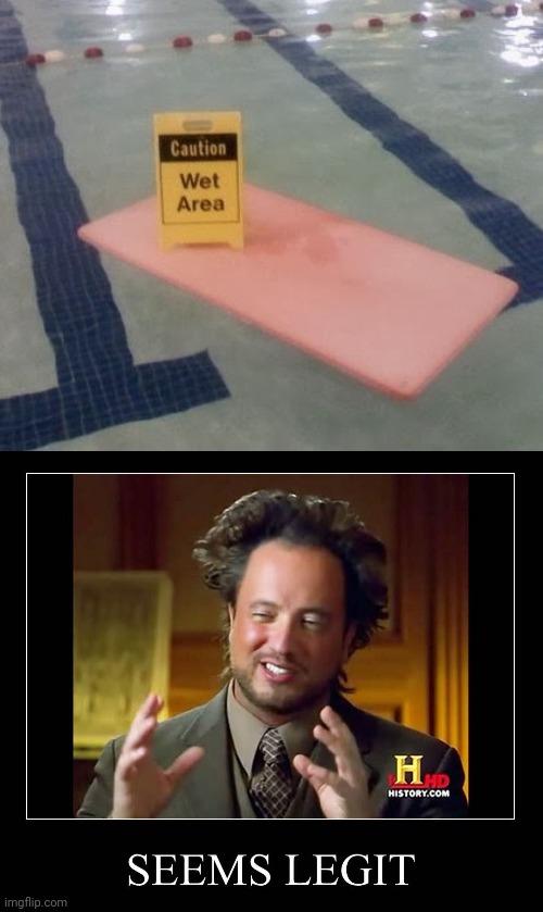 Seems legit tho | image tagged in ancient aliens seems legit,swimming pool,pool,you had one job,memes,caution wet area | made w/ Imgflip meme maker