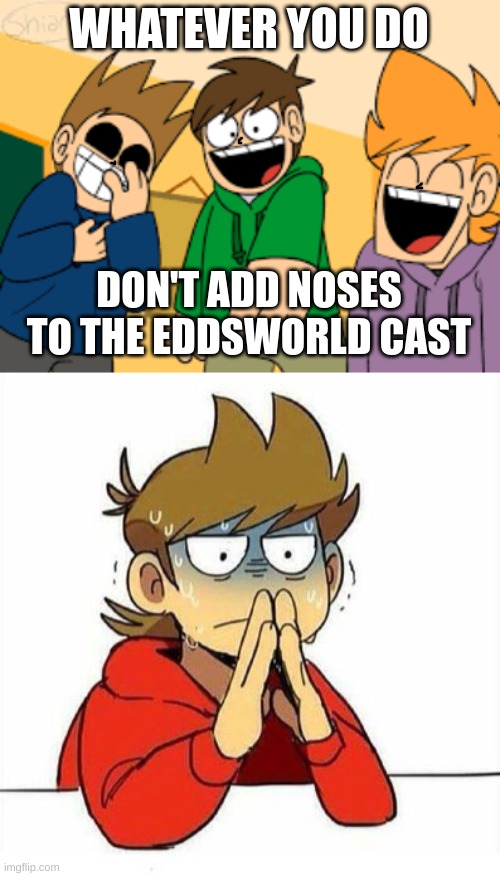 WHATEVER YOU DO; DON'T ADD NOSES TO THE EDDSWORLD CAST | image tagged in tom matt look eddsworld,uncomfortable | made w/ Imgflip meme maker