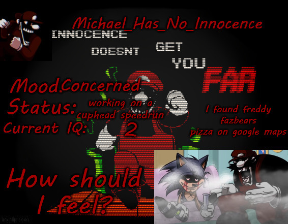 Michael's MX temp | Concerned; working on a cuphead speedrun; I found freddy fazbears pizza on google maps; 2; How should I feel? | image tagged in michael's mx temp,fnaf | made w/ Imgflip meme maker