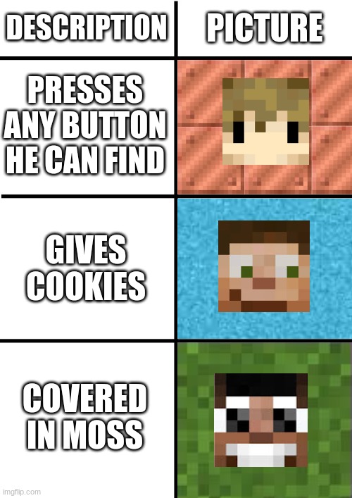 Minecraft mob vote be like | DESCRIPTION; PICTURE; PRESSES ANY BUTTON HE CAN FIND; GIVES COOKIES; COVERED IN MOSS | image tagged in comparison chart | made w/ Imgflip meme maker