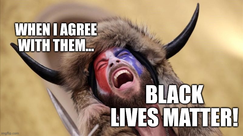qanon shaman | WHEN I AGREE WITH THEM... BLACK LIVES MATTER! | image tagged in qanon shaman | made w/ Imgflip meme maker