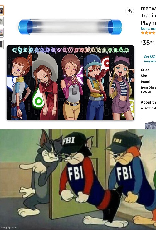 "Ok, I'll just search Amazon for Digimon themed mouse pa-WHAT THE FLIP IS THAT!?" | image tagged in tom and jerry hired goons fbi,digimon,anime | made w/ Imgflip meme maker