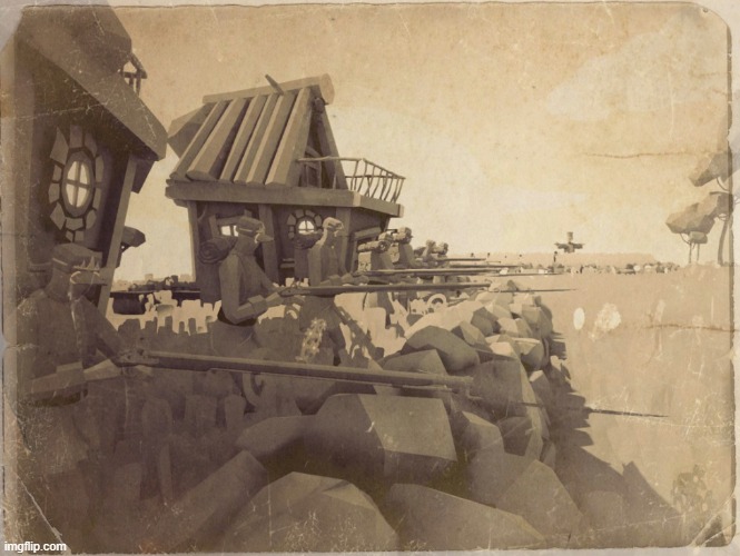 Confederate troops stand behind a rock wall, awaiting a Union attack. Circa 1862 | made w/ Imgflip meme maker