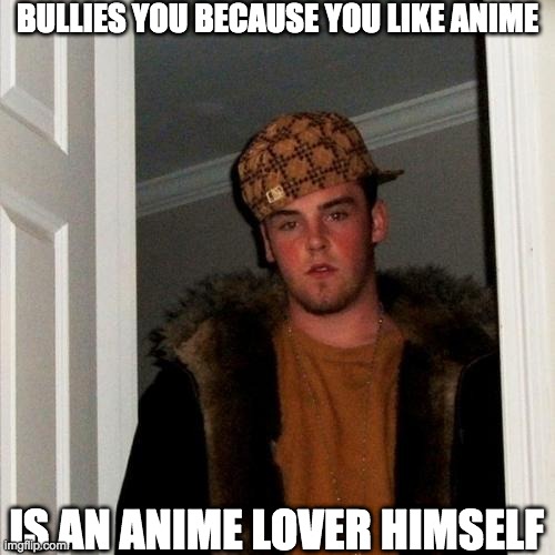 scumbag steve: anime |  BULLIES YOU BECAUSE YOU LIKE ANIME; IS AN ANIME LOVER HIMSELF | image tagged in memes,scumbag steve,anime | made w/ Imgflip meme maker