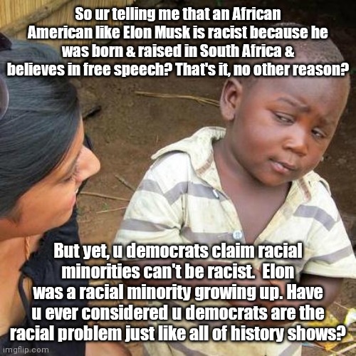 Do democrats ever look to themselves as the racial problem? | So ur telling me that an African American like Elon Musk is racist because he was born & raised in South Africa & believes in free speech? That's it, no other reason? But yet, u democrats claim racial minorities can't be racist.  Elon was a racial minority growing up. Have u ever considered u democrats are the racial problem just like all of history shows? | image tagged in memes,third world skeptical kid | made w/ Imgflip meme maker