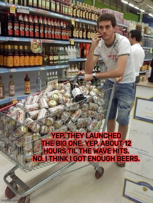 Disaster Preparedness | YEP. THEY LAUNCHED THE BIG ONE. YEP. ABOUT 12 HOURS TIL THE WAVE HITS. NO. I THINK I GOT ENOUGH BEERS. | image tagged in disaster preparedness | made w/ Imgflip meme maker